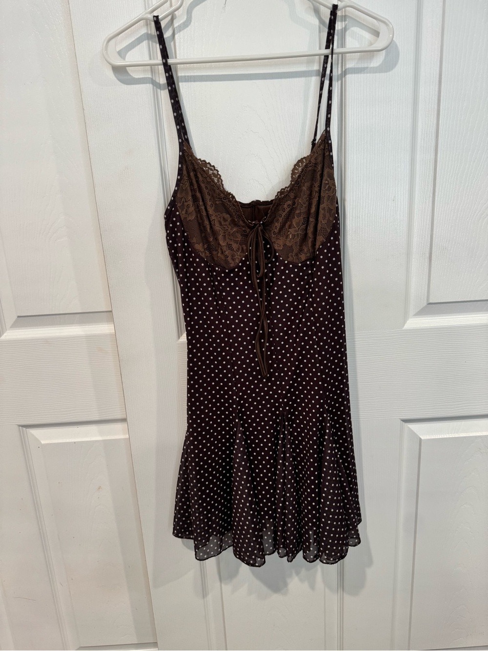 Brown Polka Dot Lace Trim Slip Dress